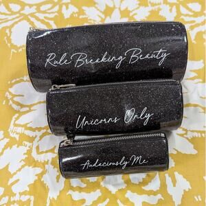 Sassy Jones 3 Piece Printed Nesting Cosmetic Bag Set Black NWT